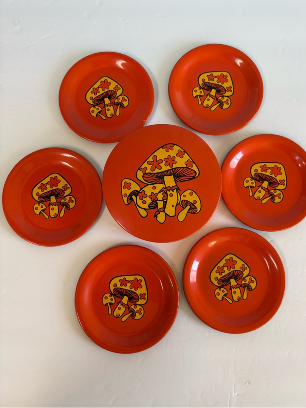 Vintage 70’s Takahashi Orange Mushroom Coaster Set & Holder